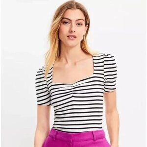 LOFT Black White Striped Puff Sleeve Sweetheart Neck Tee - Size Medium
